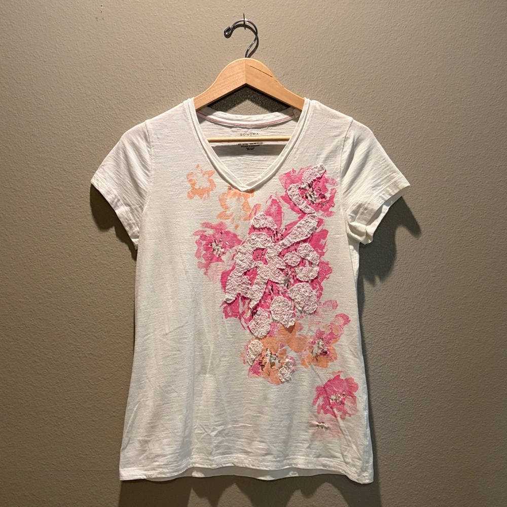 Sonoma White V-Neck Tee with Pink & Peach Floral Applique